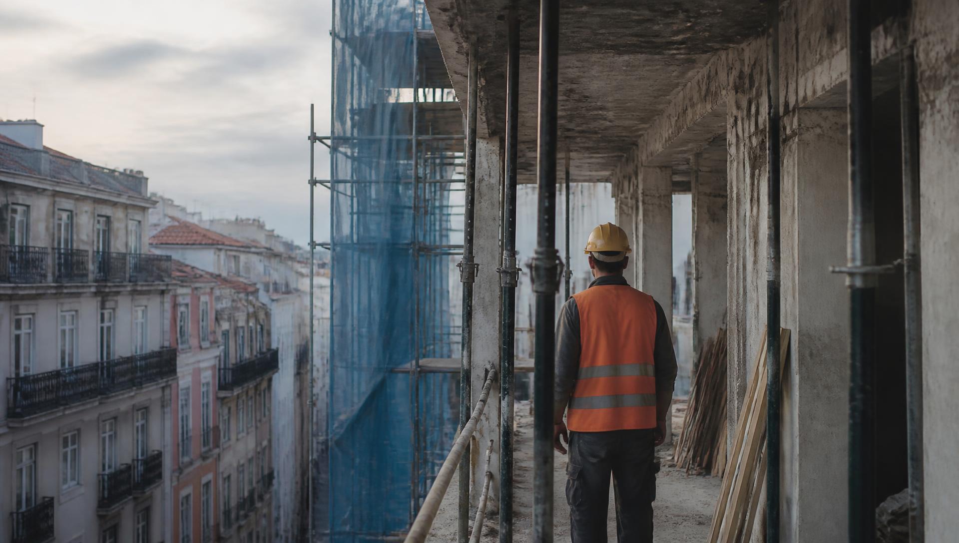 Edifício em obra de reabilitação em Lisboa, com andaime montado